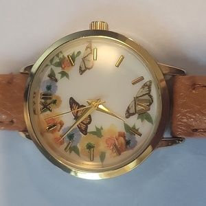 Butterfly Women's Watch with Brown Imitation Leather Band